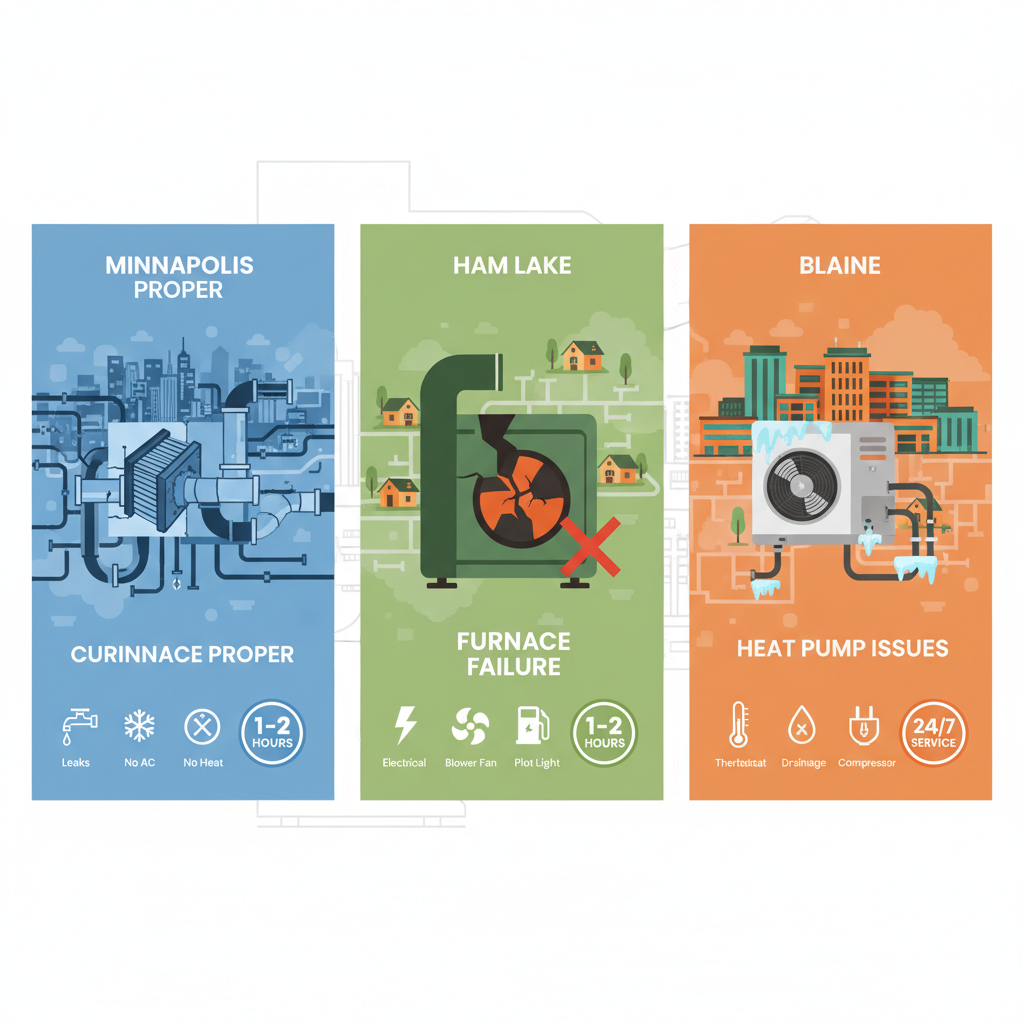 Infographic comparing HVAC service areas in Minneapolis, Ham Lake, and Blaine with icons for issues, response times, and services.