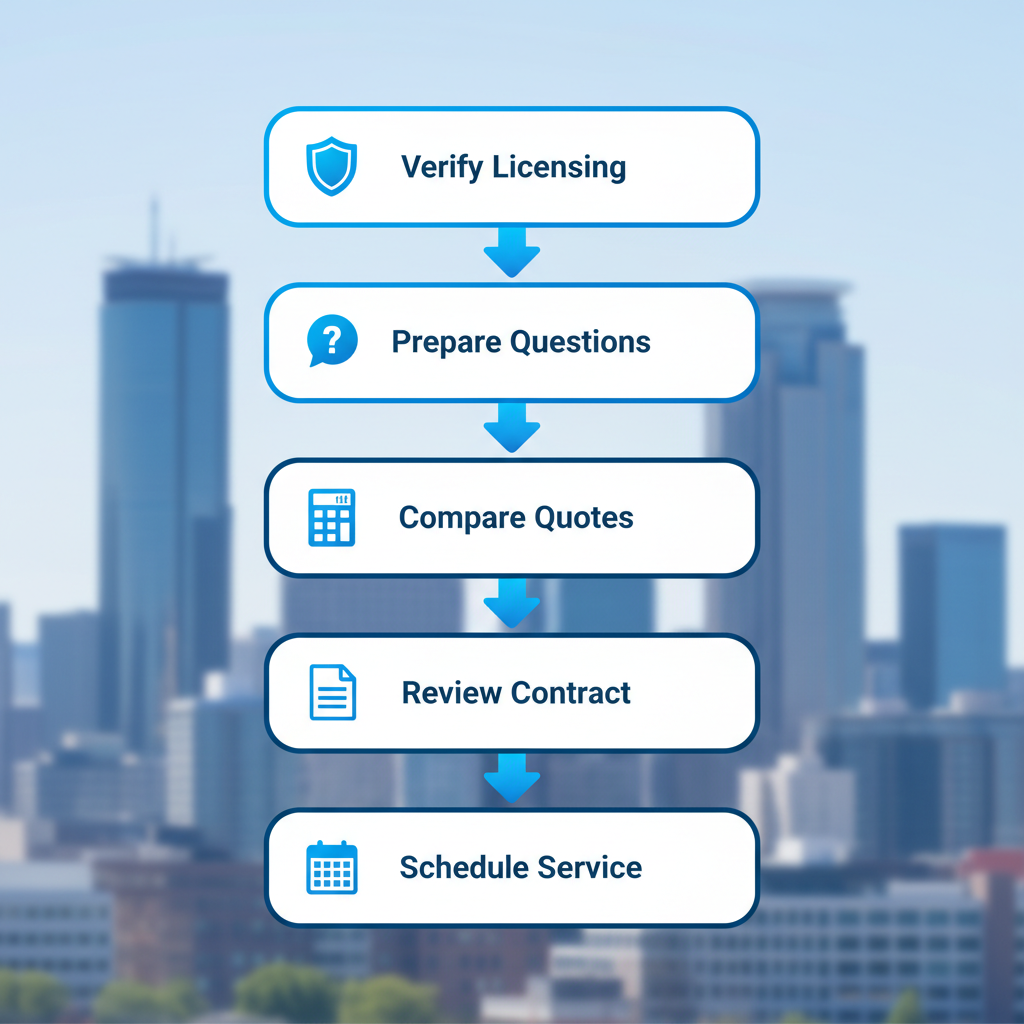 Step-by-step vertical flowchart for hiring an HVAC contractor in Minneapolis, with icons and connected stages