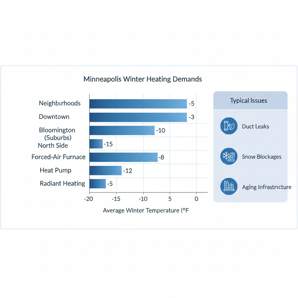 Horizontal bar chart comparing winter heating demands and systems across Minneapolis neighborhoods with issue icons.