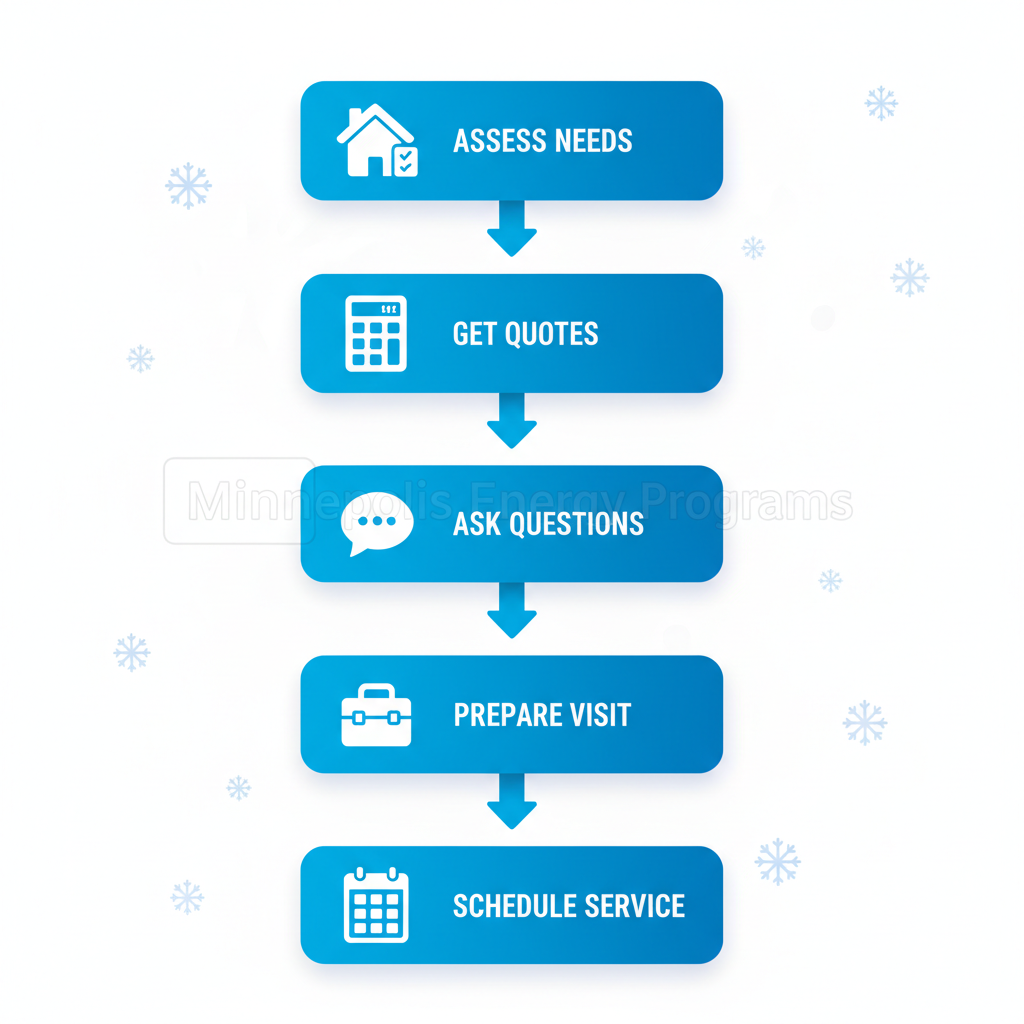 Vertical process flow diagram illustrating five steps to hire a heating contractor in Minneapolis: assess needs, get quotes, ask questions, prepare for visit, and schedule service with relevant icons.