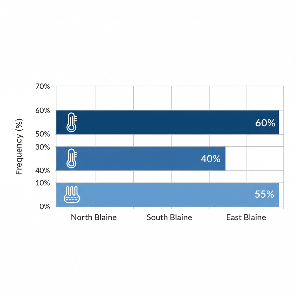 Horizontal bar chart showing frequency of furnace issues in North Blaine (60%), South Blaine (40%), and East Blaine (55%) neighborhoods with issue icons.
