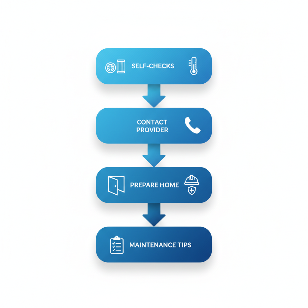 Vertical process flow diagram illustrating four steps for initiating furnace repair in Blaine: self-checks, contact provider, prepare home, and maintenance tips with relevant icons.