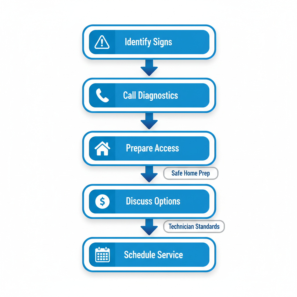 Vertical process flow diagram depicting five steps to initiate furnace repair in Blaine, Minnesota, including icons for identification, calling, preparation, discussion, and scheduling.