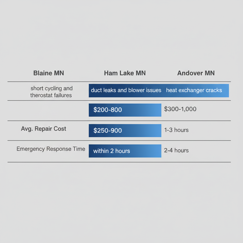 Bar chart comparing common furnace repair issues, average costs, and emergency response times across Blaine, Ham Lake, and Andover in Minnesota