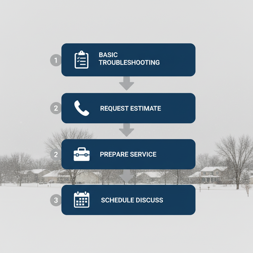 Vertical process flow illustrating four steps to begin furnace repair in Coon Rapids: basic troubleshooting, request estimate, prepare for service, schedule and discuss.