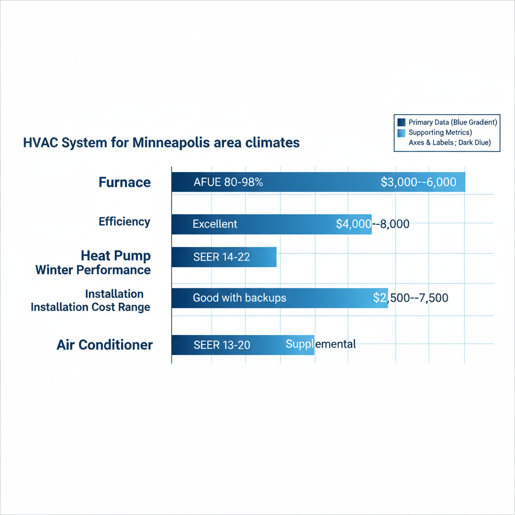 Horizontal bar chart comparing efficiency, winter performance, and installation costs of furnace, heat pump, and air conditioner systems for Minneapolis climates