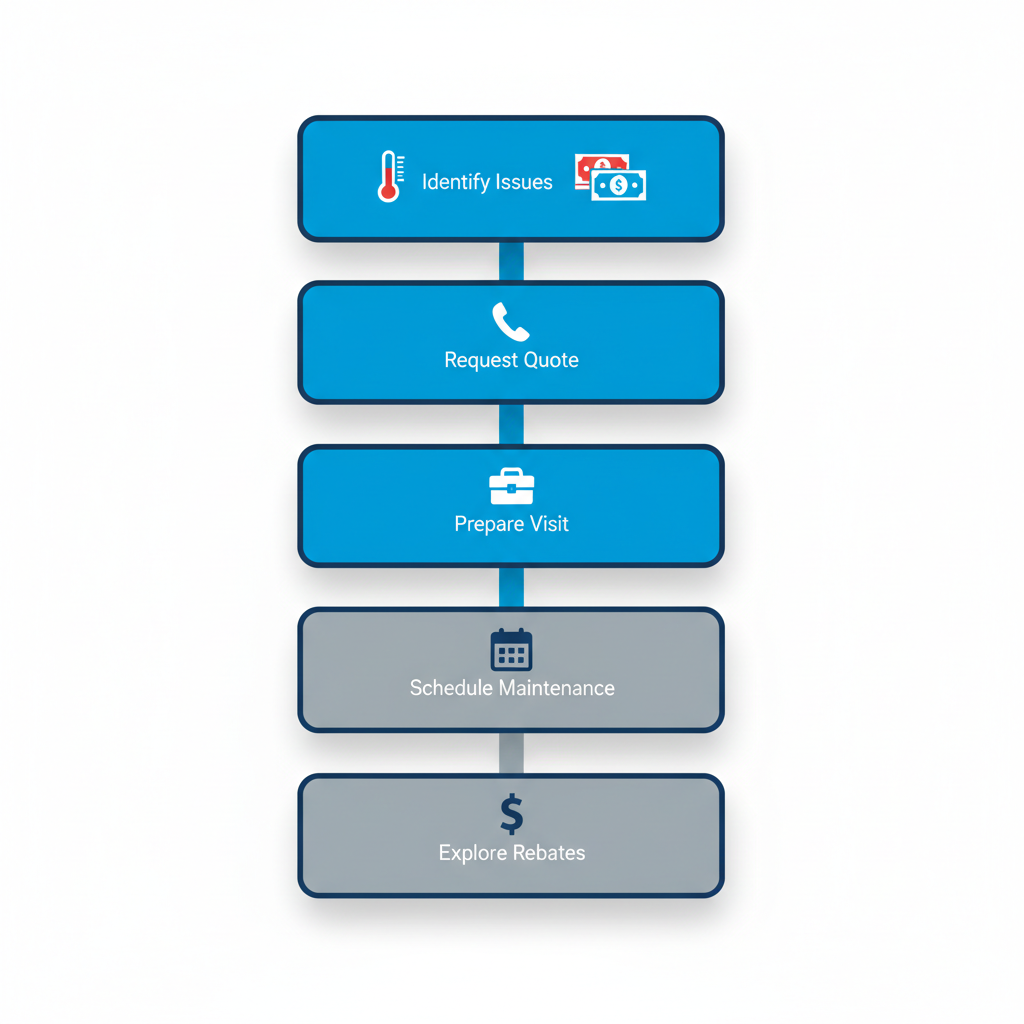Vertical process flow diagram illustrating five steps to initiate HVAC services: identifying issues with thermometer and bill icons, requesting a quote with phone icon, preparing for the visit with toolbox icon, scheduling maintenance with calendar icon, and exploring rebates with dollar sign icon.