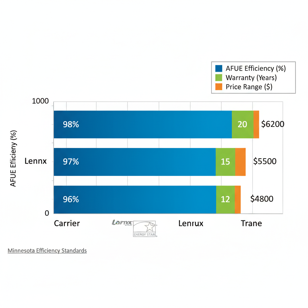 Horizontal bar chart comparing Carrier, Lennox, and Trane furnace brands on efficiency, warranty, and price for Blaine, Minnesota heating needs