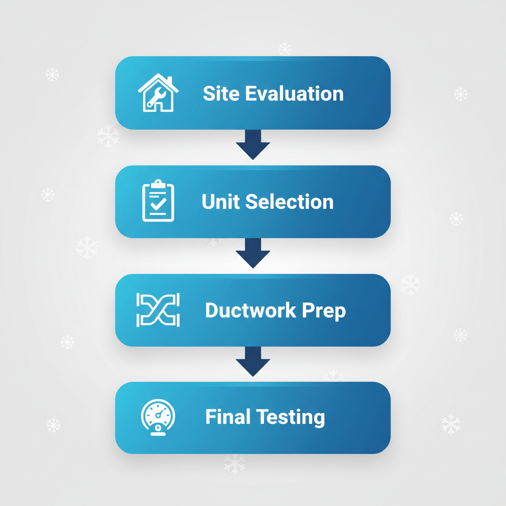 Vertical process flow diagram illustrating four key steps in furnace installation for Blaine homes: site evaluation with house icon, unit selection with checklist, ductwork preparation with pipe icon, and final testing with gauge icon.