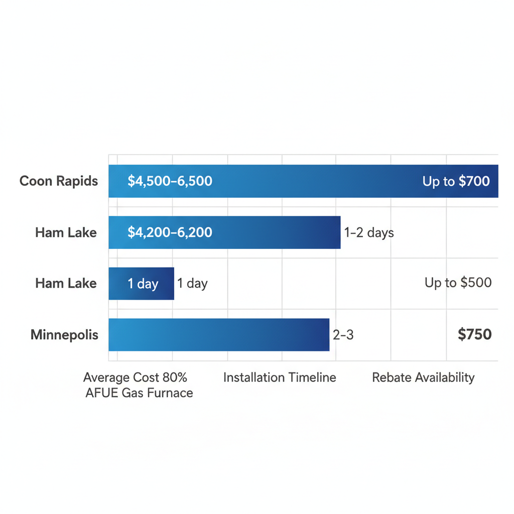 Horizontal bar chart comparing furnace installation costs, timelines, and rebates across Coon Rapids, Ham Lake, and Minneapolis.