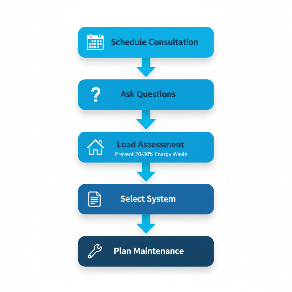 Vertical process flow diagram illustrating five steps for furnace installation: scheduling consultation, asking questions on warranties and compatibility, conducting load assessment, selecting system and handling insurance, and planning maintenance.