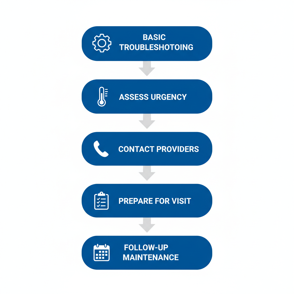 Vertical process flow diagram showing five steps for obtaining heating repair service in Minneapolis