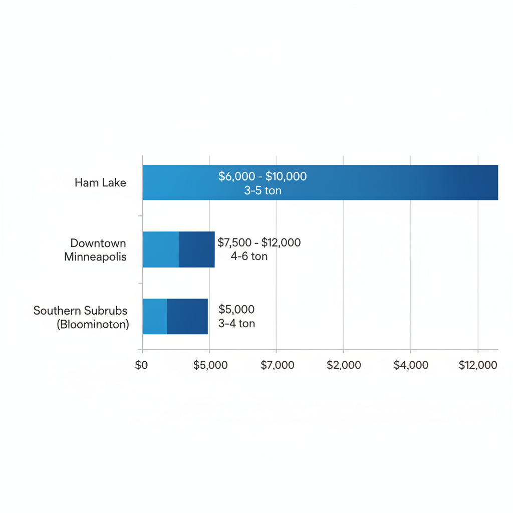 Bar chart comparing HVAC installation costs in Minneapolis sub-areas: Ham Lake $6,000-$10,000, Downtown $7,500-$12,000, Southern Suburbs $5,500-$9,500 with BTU recommendations.
