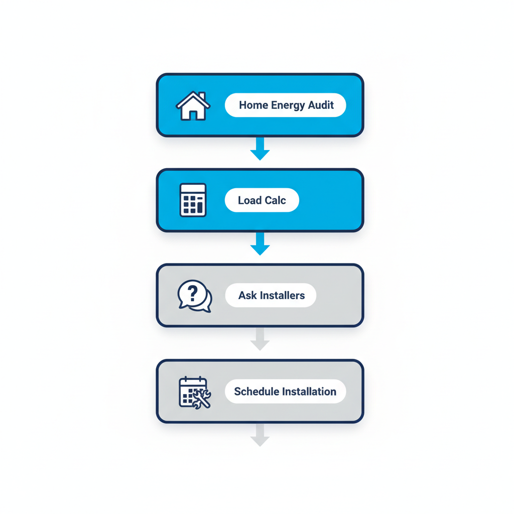 Vertical process flow diagram illustrating five steps to begin HVAC installation: home energy audit, load calculation, asking questions to installers, preparing space, and scheduling installation with icons.