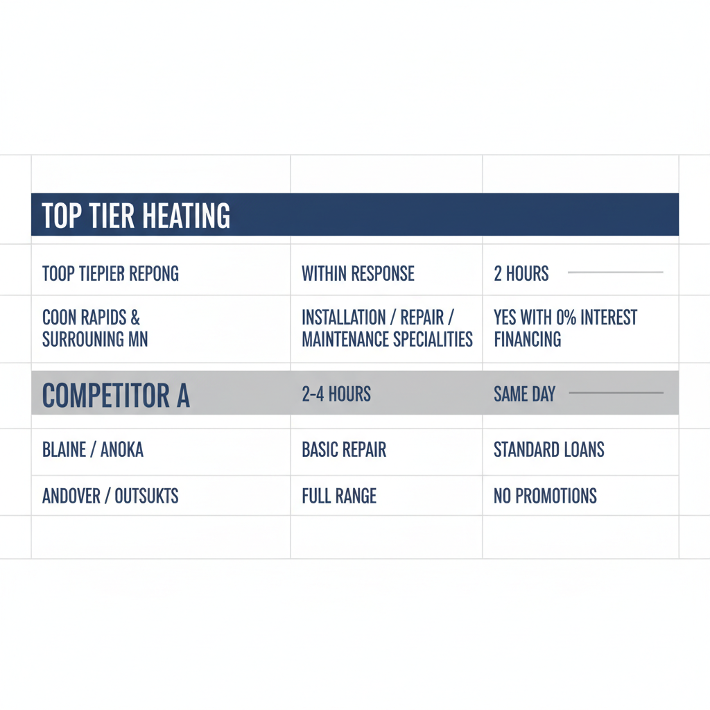 Data visualization comparing HVAC providers in Coon Rapids including service areas, response times, specialties, and financing options
