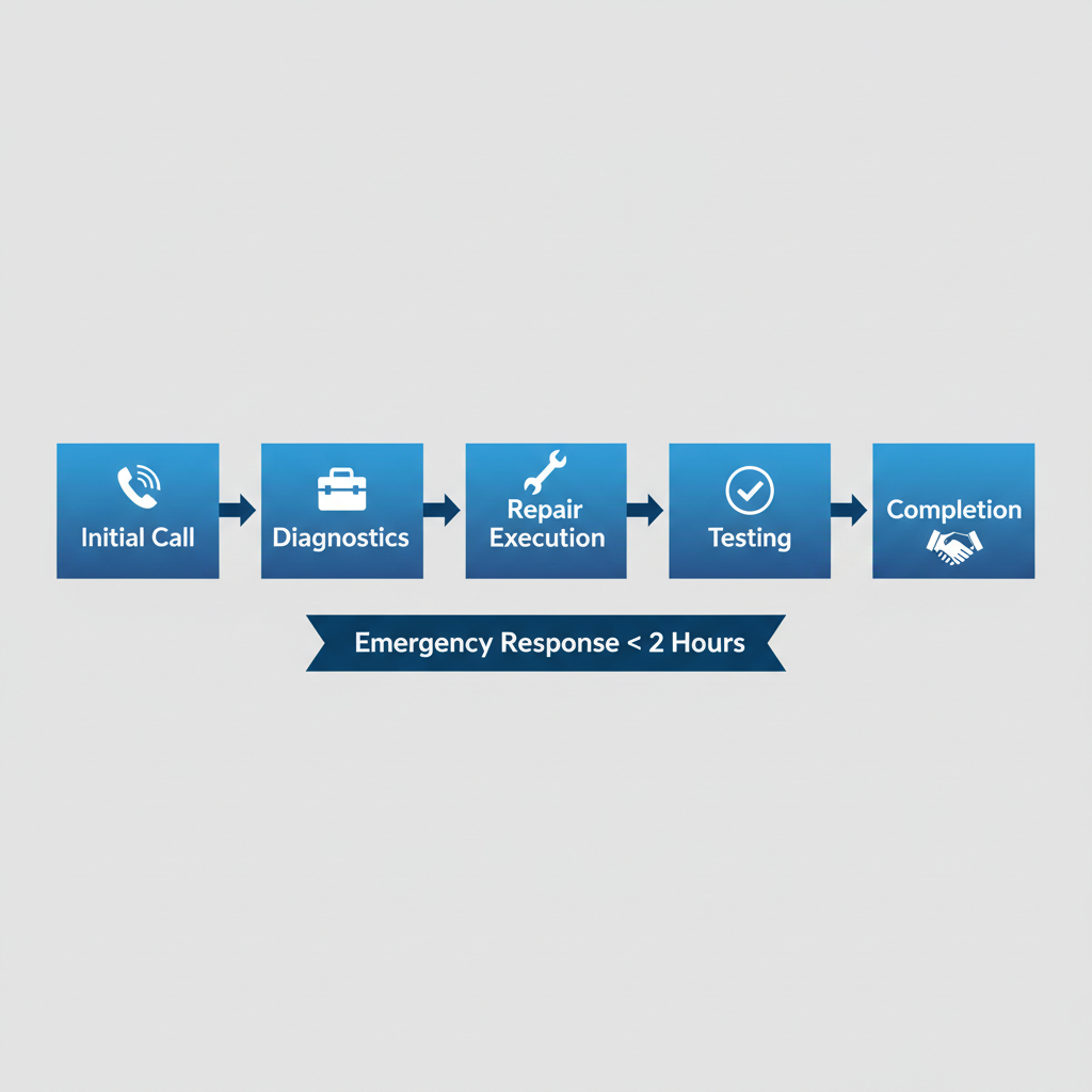 Horizontal process flow diagram showing five steps of AC repair in Blaine, Minnesota with icons and arrows.