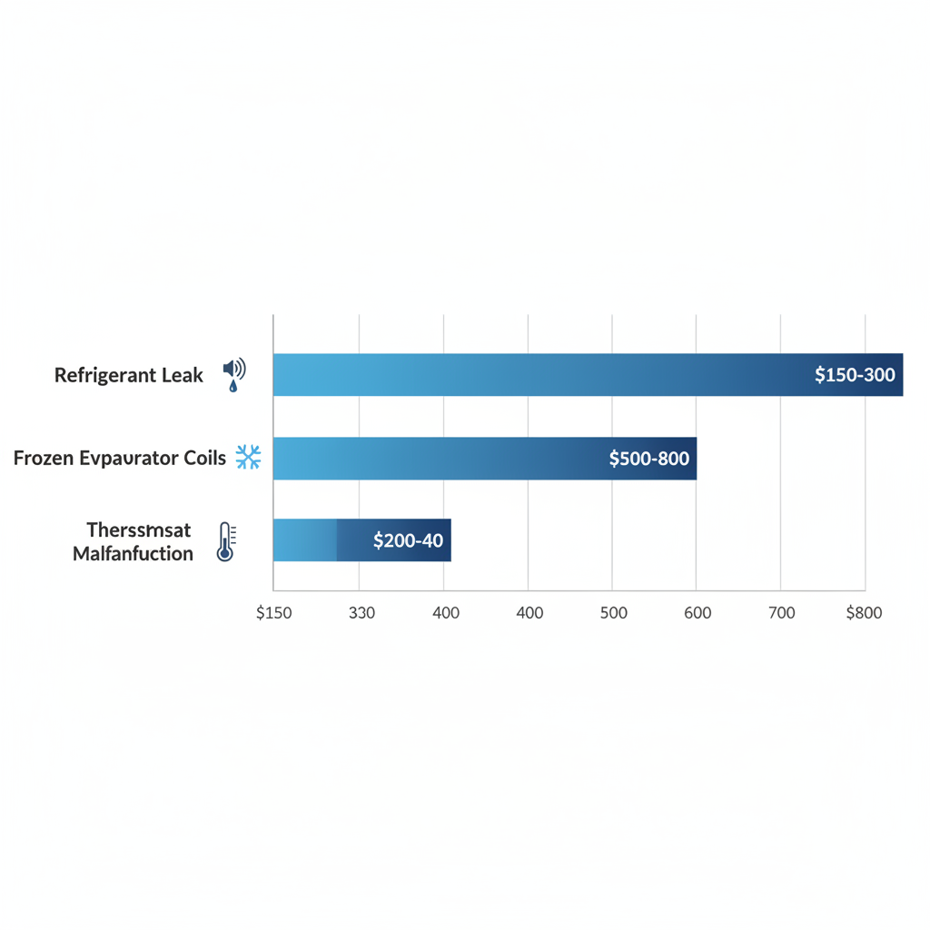 Horizontal bar chart depicting common air conditioner problems and their repair costs in Coon Rapids homes, featuring symptom icons.