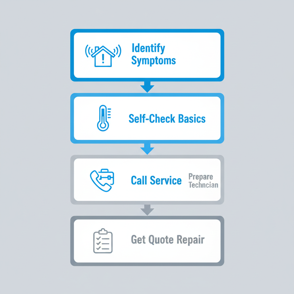 Vertical process flow diagram illustrating five steps to arrange AC repair in Coon Rapids, featuring icons for each stage.