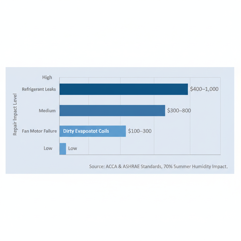Horizontal bar chart of common AC issues and repair cost impacts in Coon Rapids climate