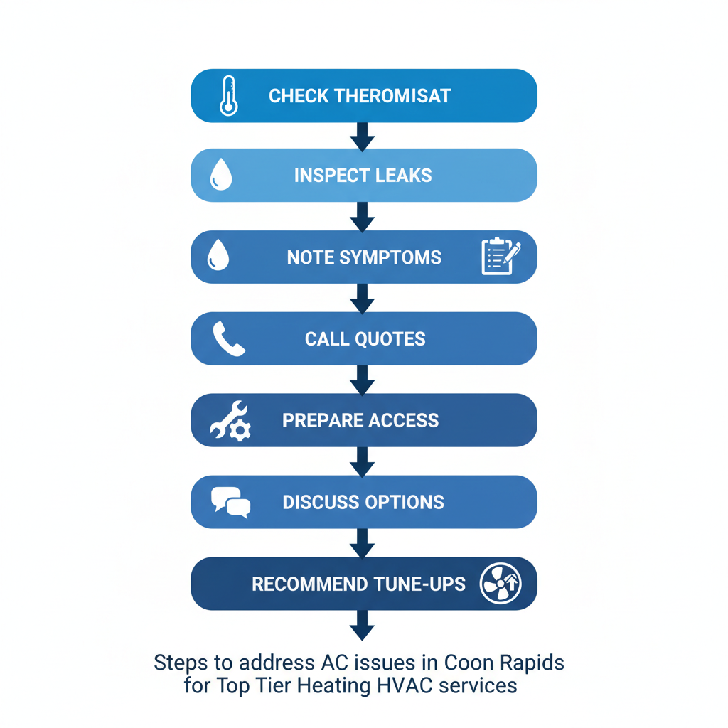 Vertical process flow diagram illustrating seven steps to address air conditioning issues in Coon Rapids, including checking thermostat, inspecting leaks, and recommending tune-ups.