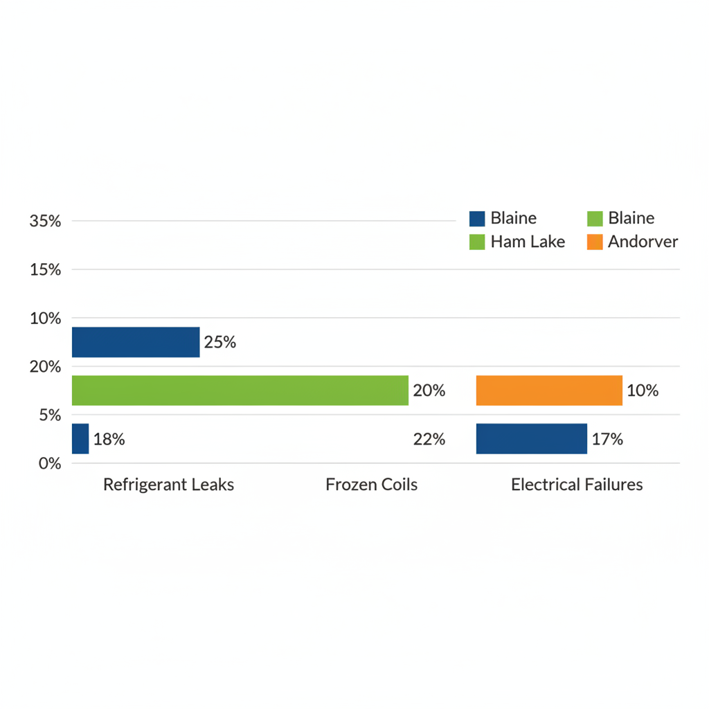 Horizontal bar chart comparing percentage frequencies of common AC issues: refrigerant leaks, frozen coils, electrical failures in Blaine (blue), Ham Lake (green), Andover (orange) areas.