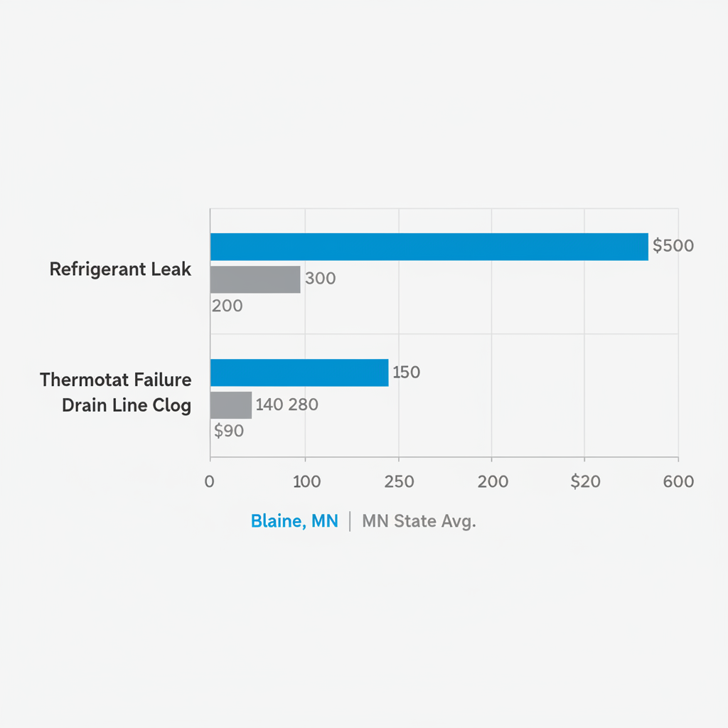 Horizontal bar chart comparing AC repair costs in Blaine, Minnesota to state averages for refrigerant leak, thermostat failure, and drain line clog.