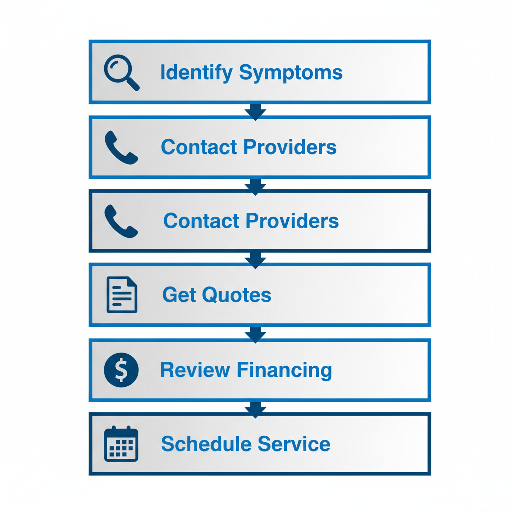 Vertical process flow diagram illustrating the five steps to arrange AC repair service in Blaine with icons and brief labels