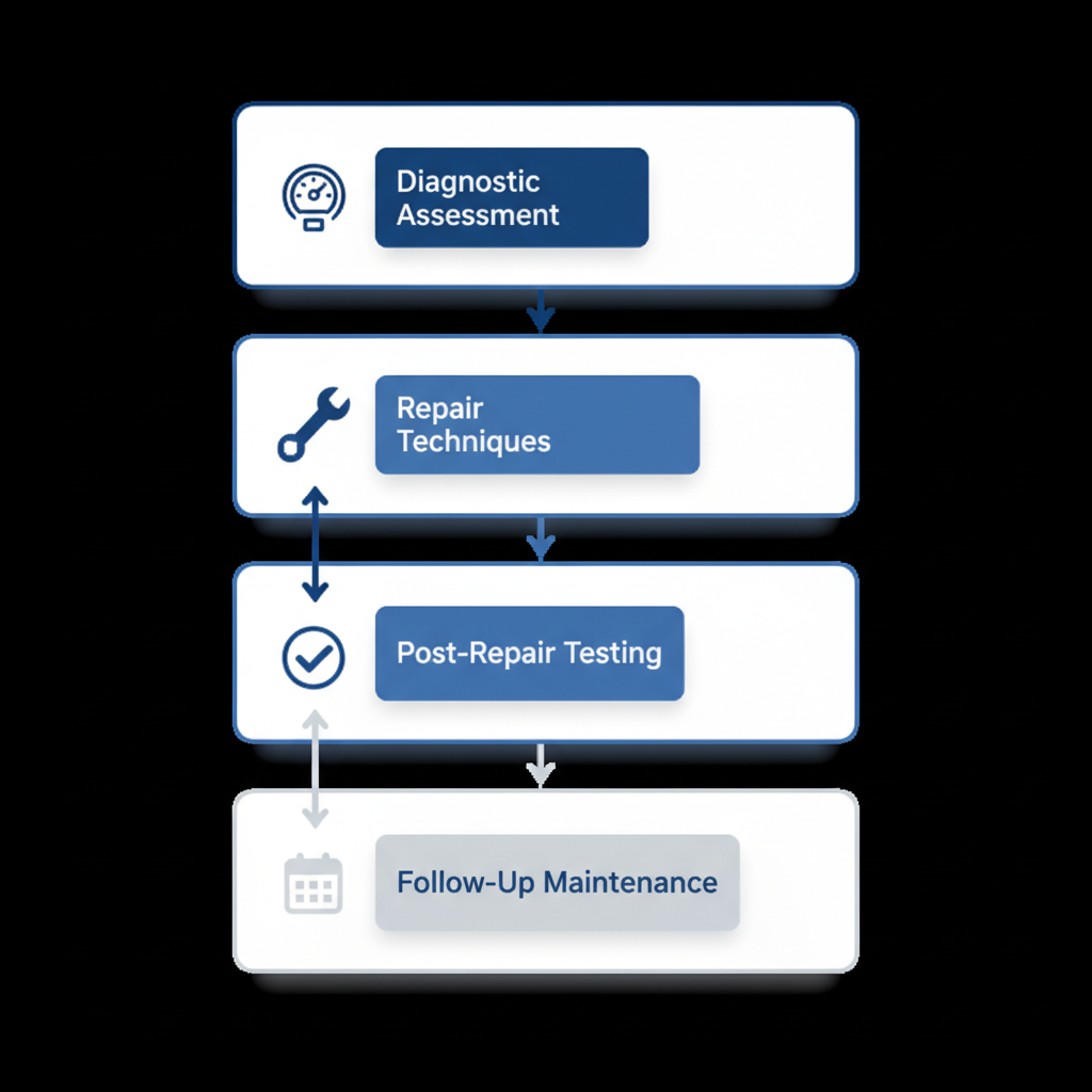 Vertical process flow illustrating the four stages of boiler repair in Minneapolis: diagnostic assessment, repair techniques, post-repair testing, and follow-up maintenance.