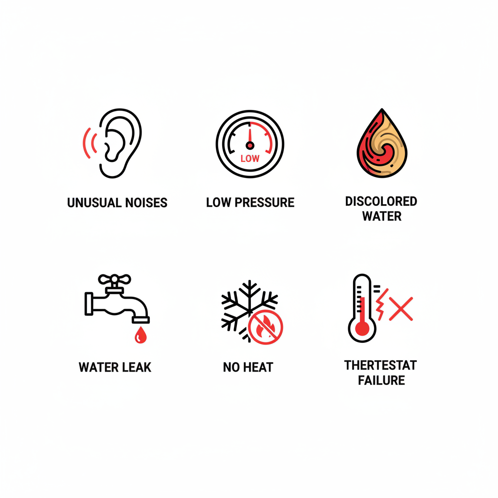 Grid of six icons representing common boiler issues: unusual noises, low pressure, discolored water, leaks, no heat, and thermostat failure.