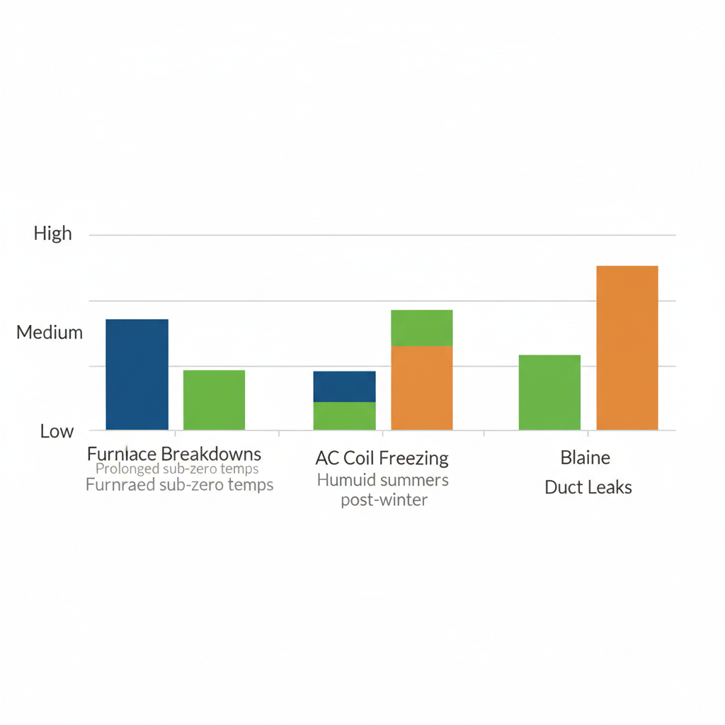 Horizontal bar chart showing frequency of HVAC issues like furnace breakdowns, AC coil freezing, and duct leaks across Coon Rapids, Andover, and Blaine areas.
