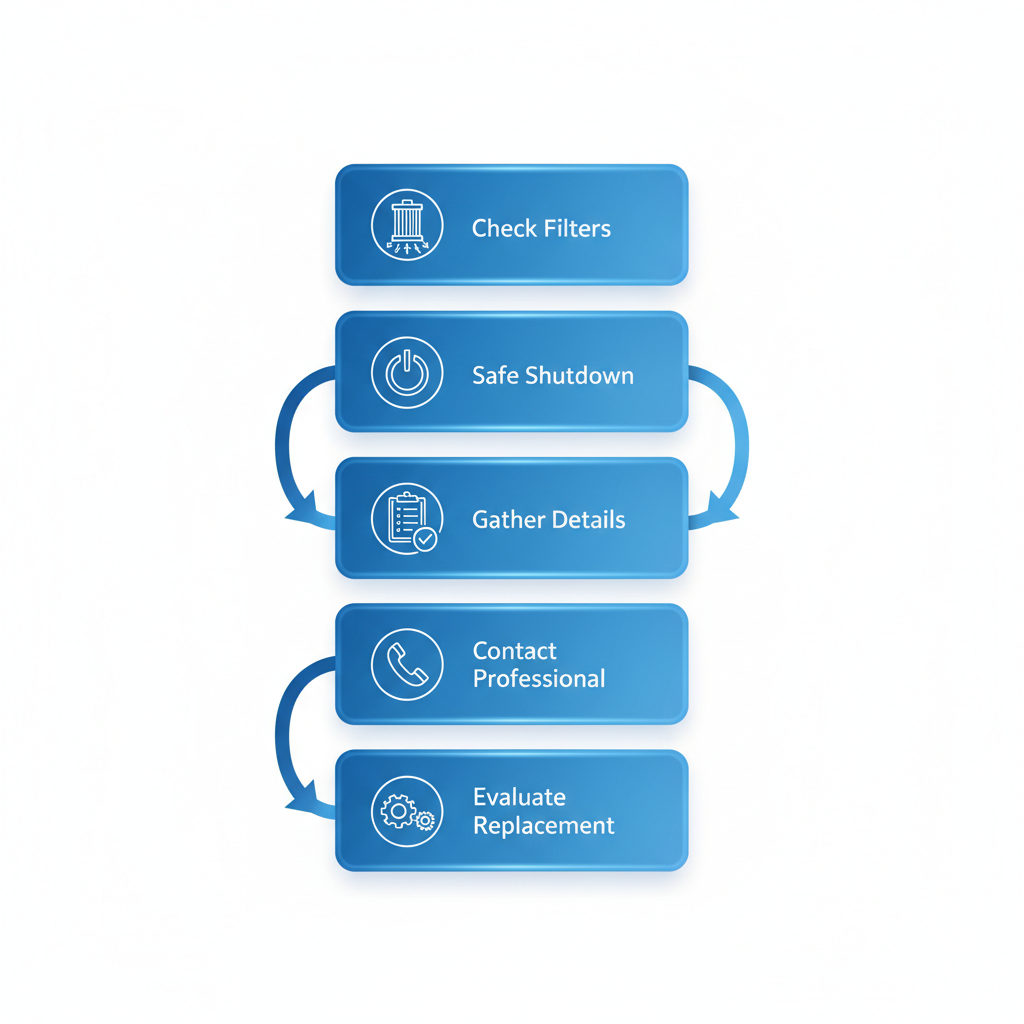 Vertical process flow diagram illustrating five steps for addressing HVAC issues in Coon Rapids homes, with icons and brief labels.
