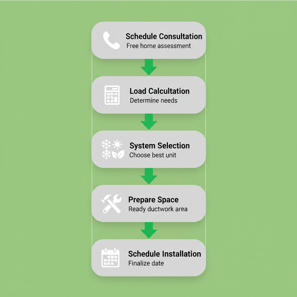 Vertical process flow diagram illustrating five steps for starting AC installation: scheduling consultation, load calculation, system selection, space preparation, and installation scheduling.