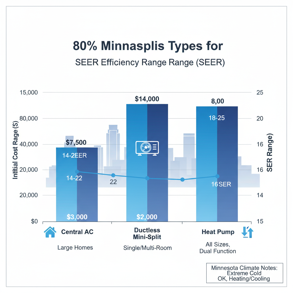 Bar chart comparing initial costs and SEER efficiency of Central AC, Ductless Mini-Split, and Heat Pump systems for Minneapolis homes with Minnesota climate notes