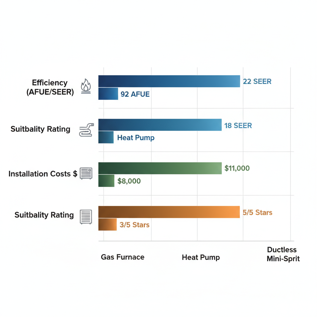 Bar chart comparing efficiency, installation costs, and suitability of Gas Furnace, Heat Pump, and Ductless Mini-Split systems for Coon Rapids winters.