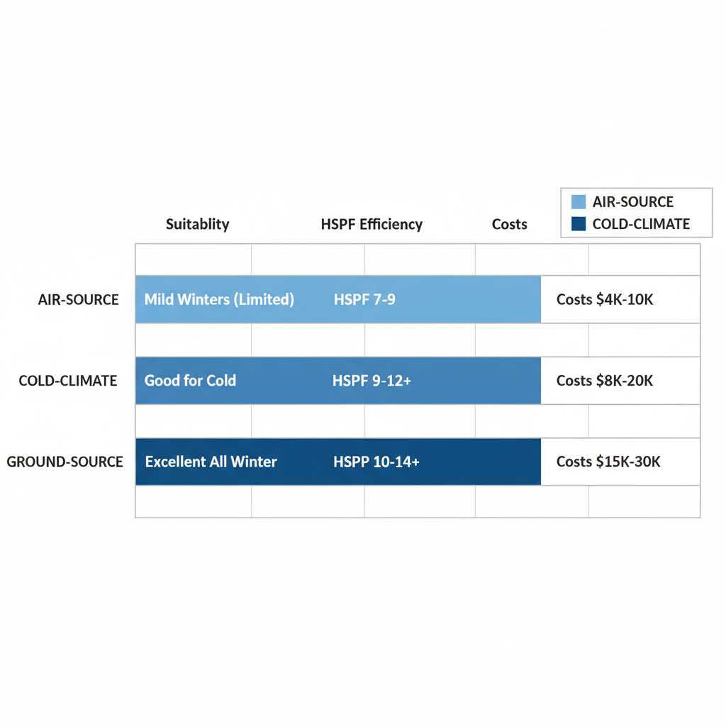 Bar chart comparing suitability, efficiency, and costs of Air-Source, Cold-Climate, and Ground-Source heat pumps for Minneapolis winters.