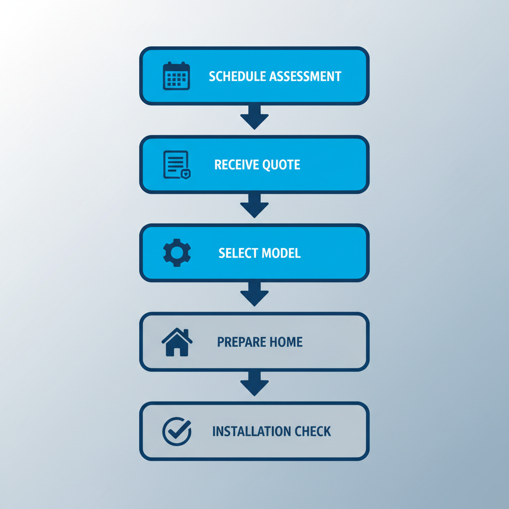 Vertical process flow diagram for five steps in heat pump installation project with icons and labels