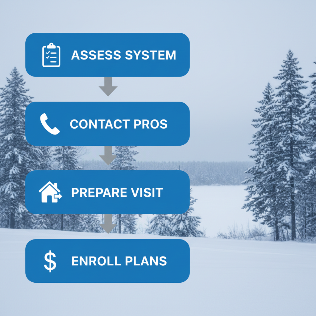 Vertical process flow diagram showing four steps to start HVAC care: assess system, contact professionals, prepare for visit, and enroll in plans.