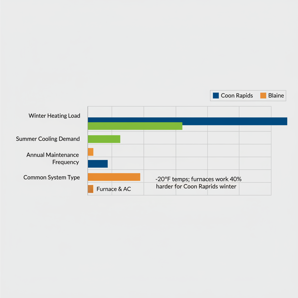 Horizontal bar chart comparing seasonal HVAC demands in Coon Rapids, Andover, and Blaine