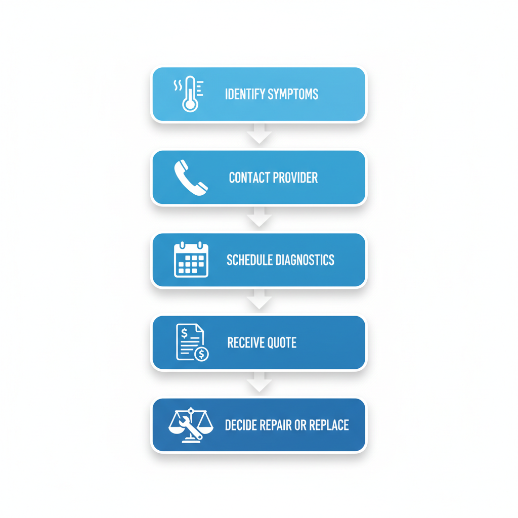 Vertical process flow diagram showing five steps to initiate heating repair in Andover with icons for each stage.