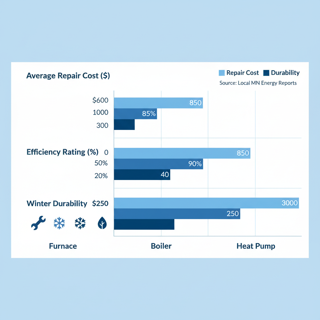 Horizontal bar chart comparing furnace, boiler, and heat pump systems in Andover homes by repair costs, efficiency, and durability