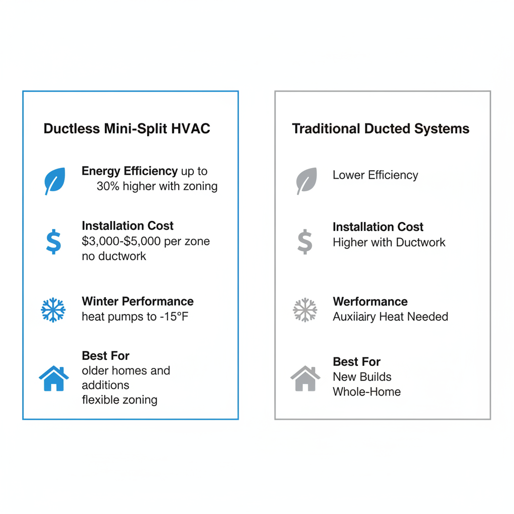 Infographic comparing ductless mini-split and traditional ducted HVAC systems for Andover homes, highlighting efficiency, cost, winter performance, and suitability.