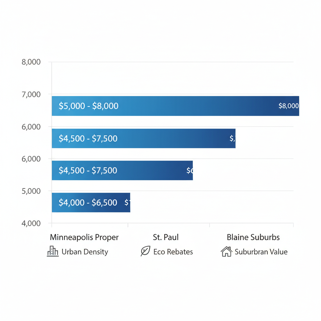 Horizontal bar chart comparing average AC installation cost ranges in Minneapolis suburbs including Minneapolis Proper, St. Paul, and Blaine.