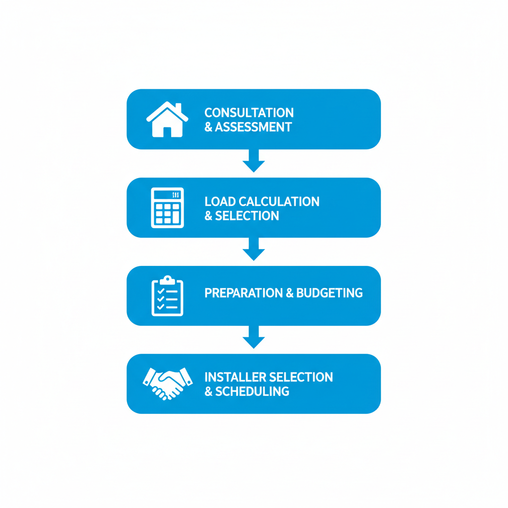 Vertical process flow diagram showing four steps to begin an AC installation project: consultation, load calculation, preparation, and installer selection.