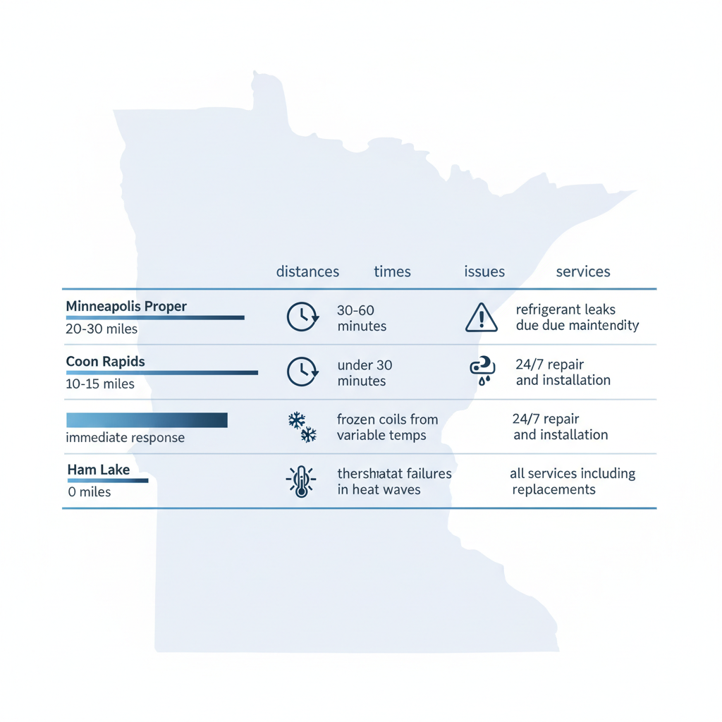 Infographic comparing AC service areas, distances, response times, common issues, and availability around Minneapolis.