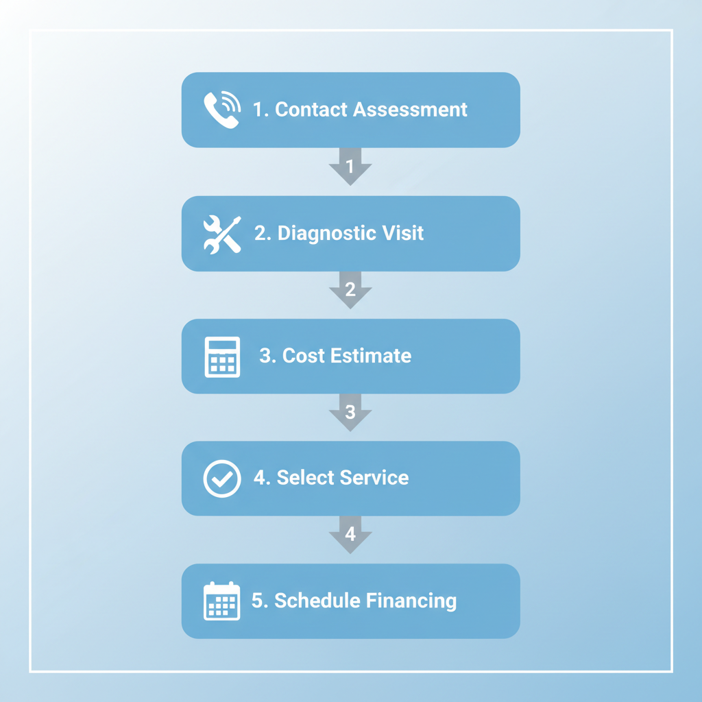 Vertical process flow diagram showing five steps to start AC services: contact, diagnostic, estimate, selection, and scheduling.