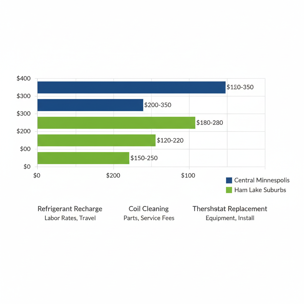 Bar chart comparing AC repair costs between central Minneapolis and Ham Lake suburbs