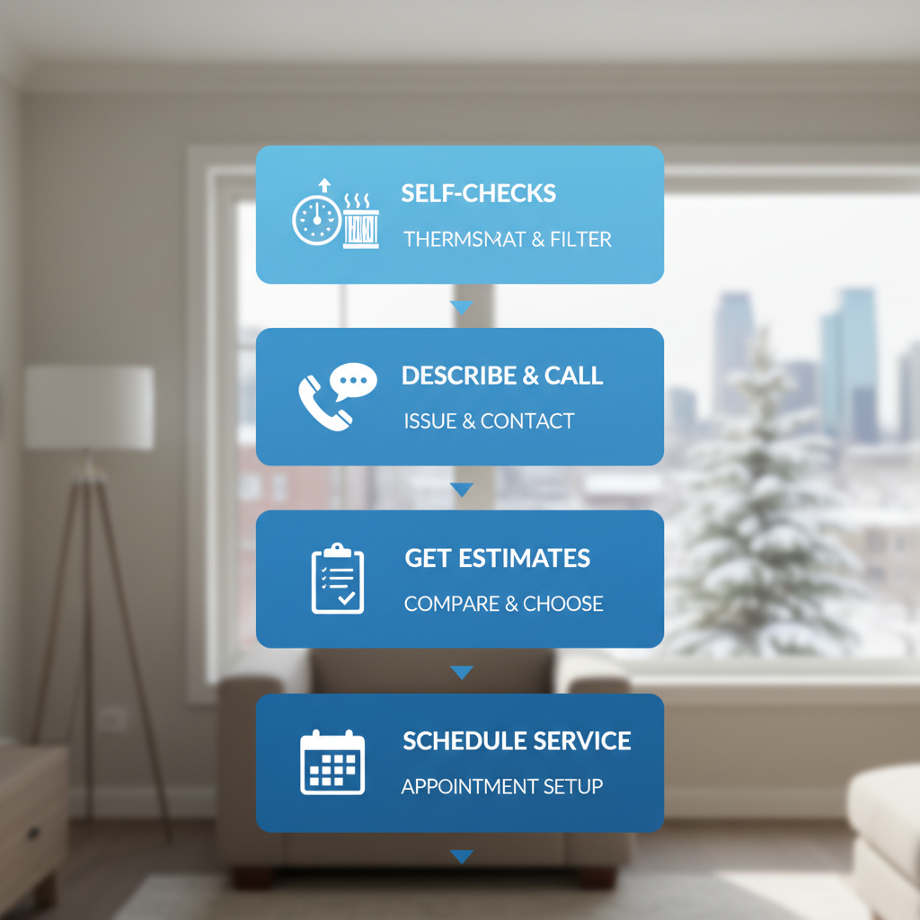 Vertical process flow diagram illustrating four steps to start AC repairs: self-checks, describe issue, get estimates, and schedule service with relevant icons.