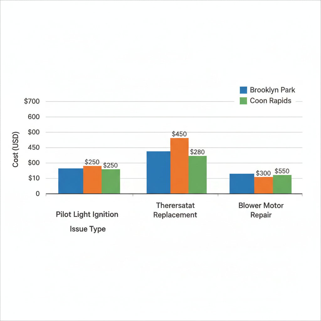 Horizontal bar chart comparing average furnace repair costs for common issues in Brooklyn Park, Minneapolis, and Coon Rapids