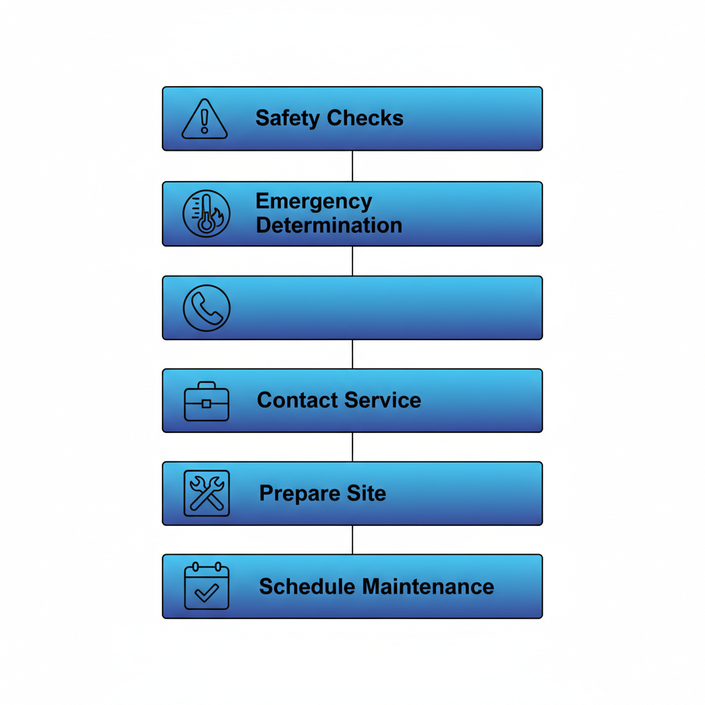 Vertical process flow diagram illustrating five steps to initiate furnace repair: safety checks, emergency determination, contact service, prepare site, and schedule maintenance.