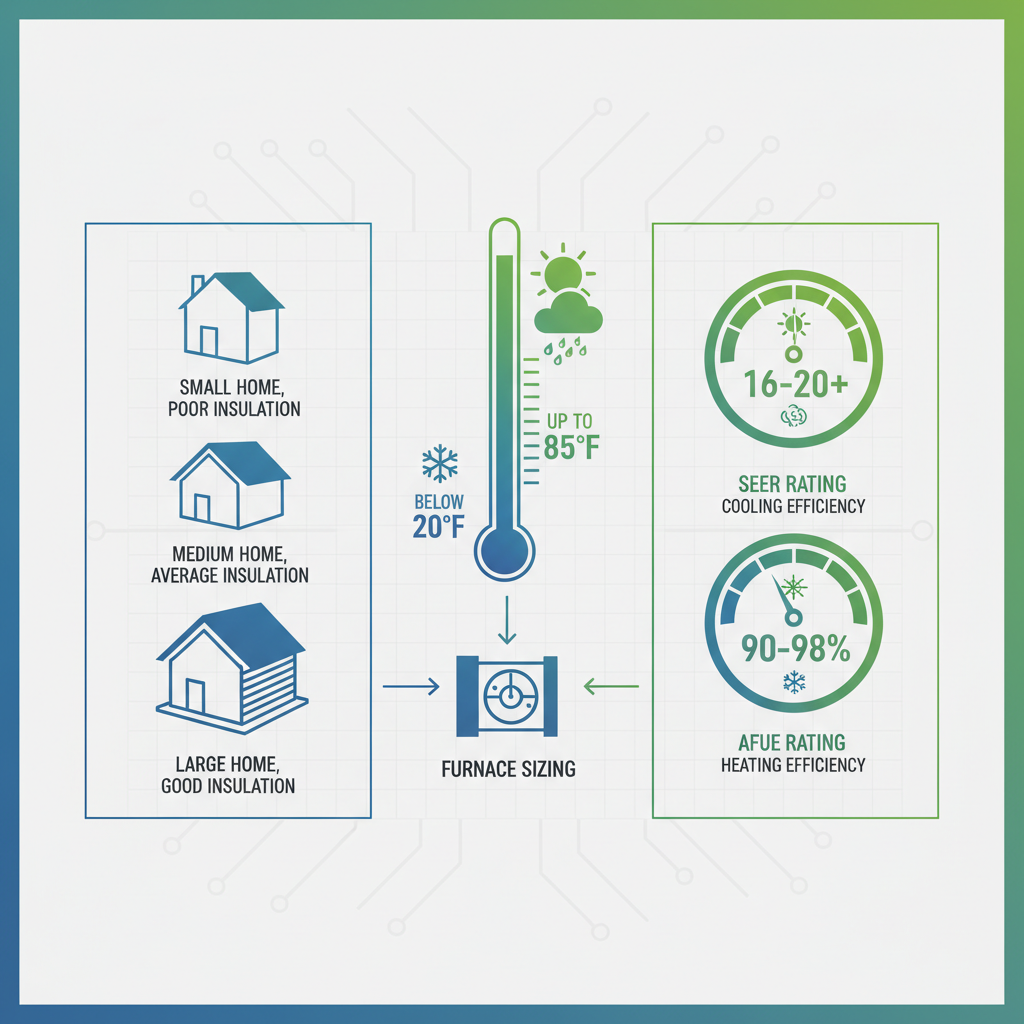 Infographic showing Andover climate effects on HVAC sizing and efficiency ratings.